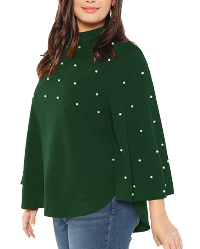 SHEIN Plus Size Black Stand Collar Pearl Beaded Green